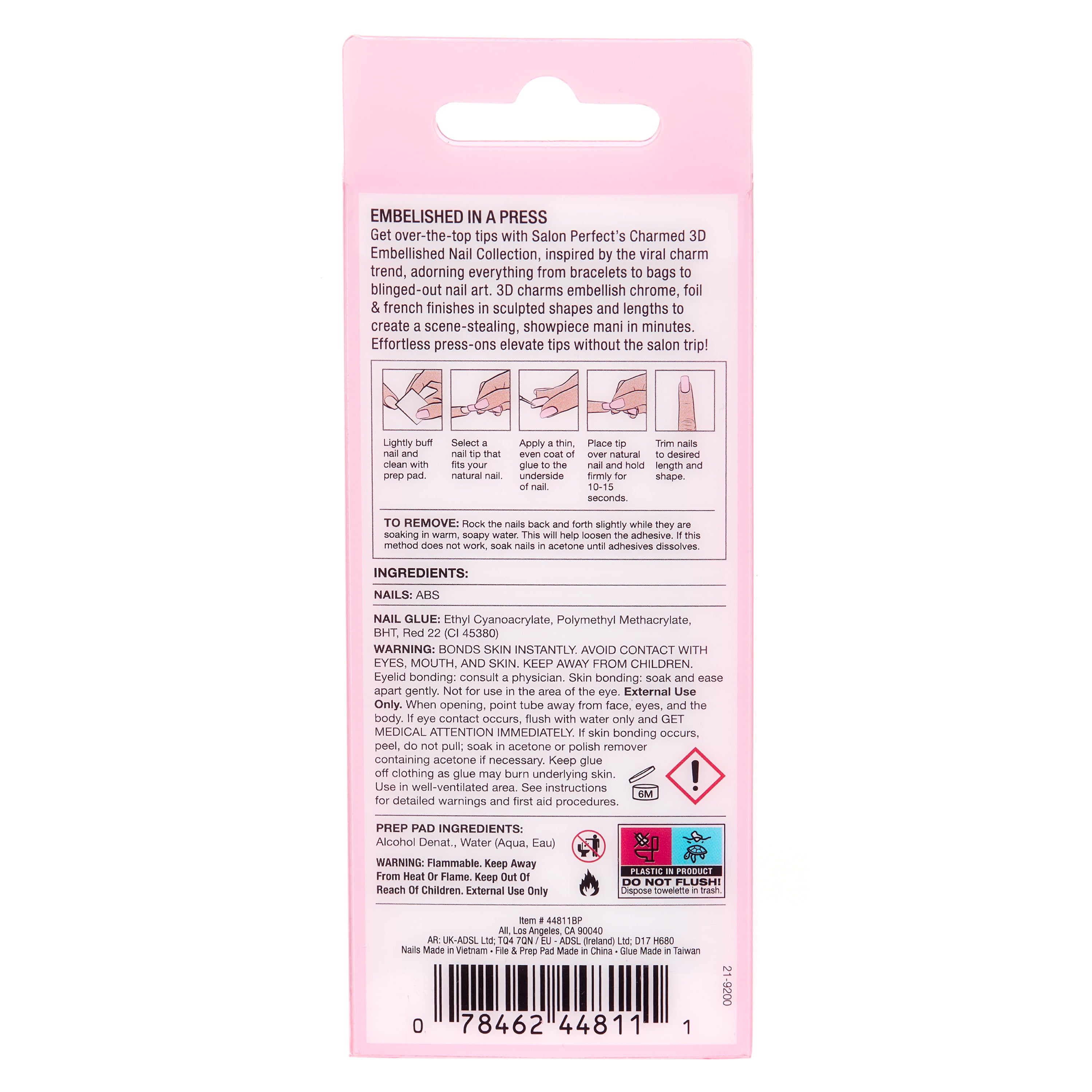 Salon Perfect Artificial Fake Press On Nails, 504 Charmed Nude, Long Square, File, Glue and Prep Pad Included, 30 Nails