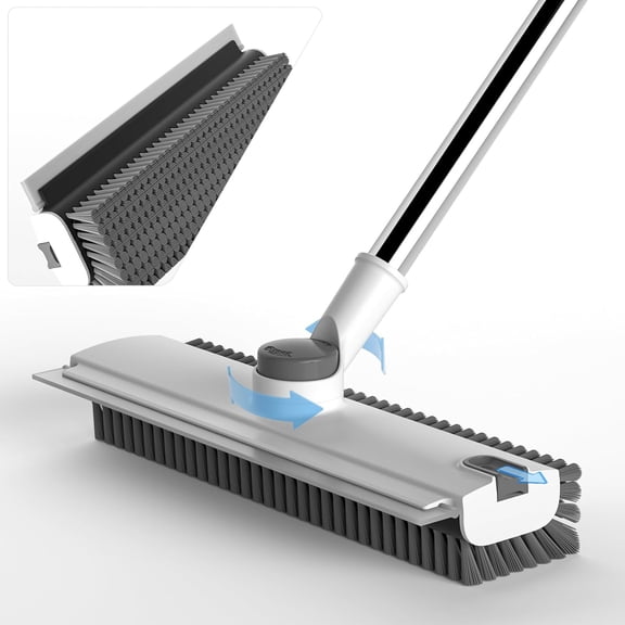 Floor Scrub Brush with Long Handle, 3 in 1 Scrape and Heavy-Duty Stiff Bristle Scrubber Brush ,360° Rotating Floor Scrubber with Squeegee,Grey