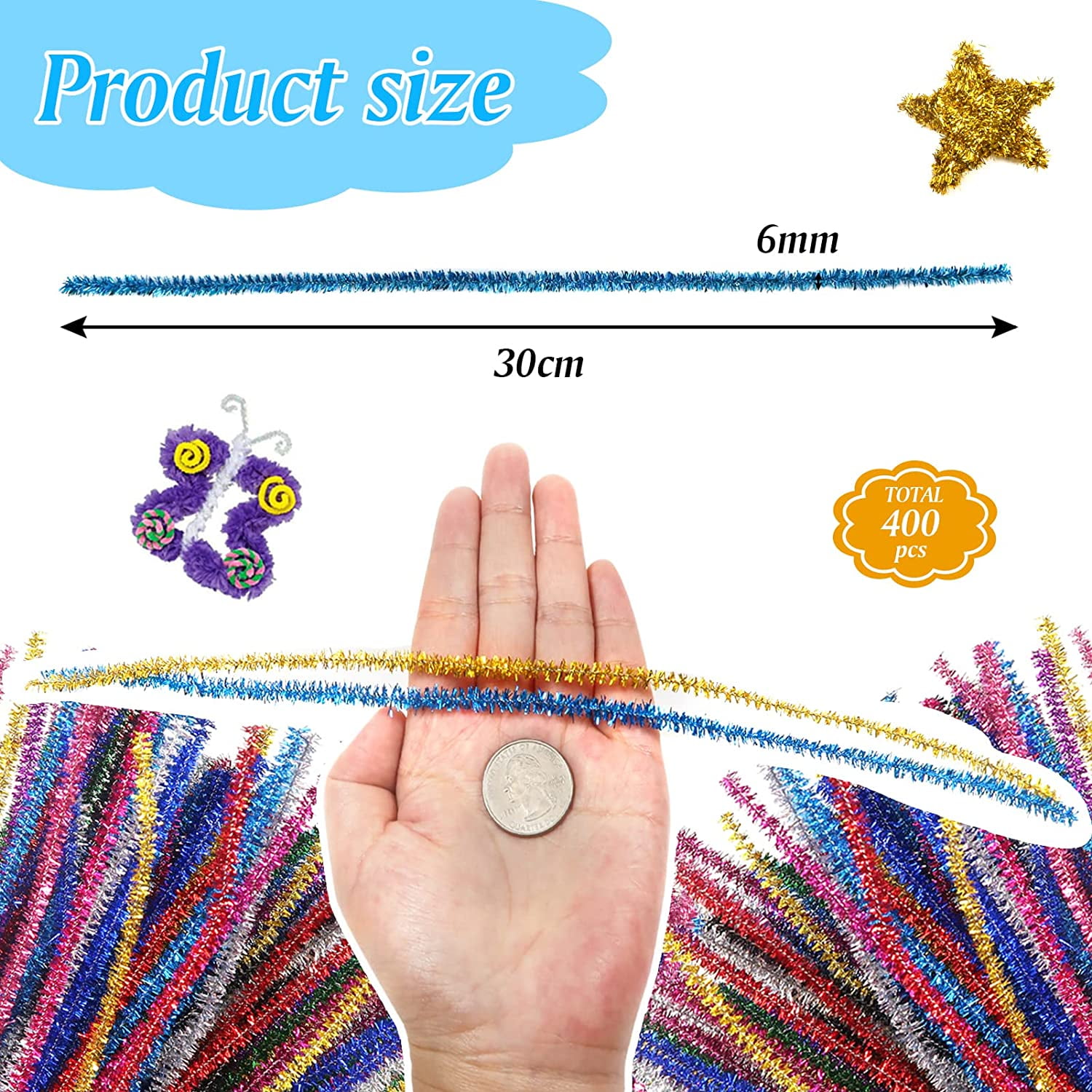 100Pcs Sparkly Pipe Cleaners Tinsel Pipe Cleaner Bulk Chenille Stems  Glitter Pipe Cleaners for Kids Craft Art DIY(6mm x 12inch, 10 Colors) 