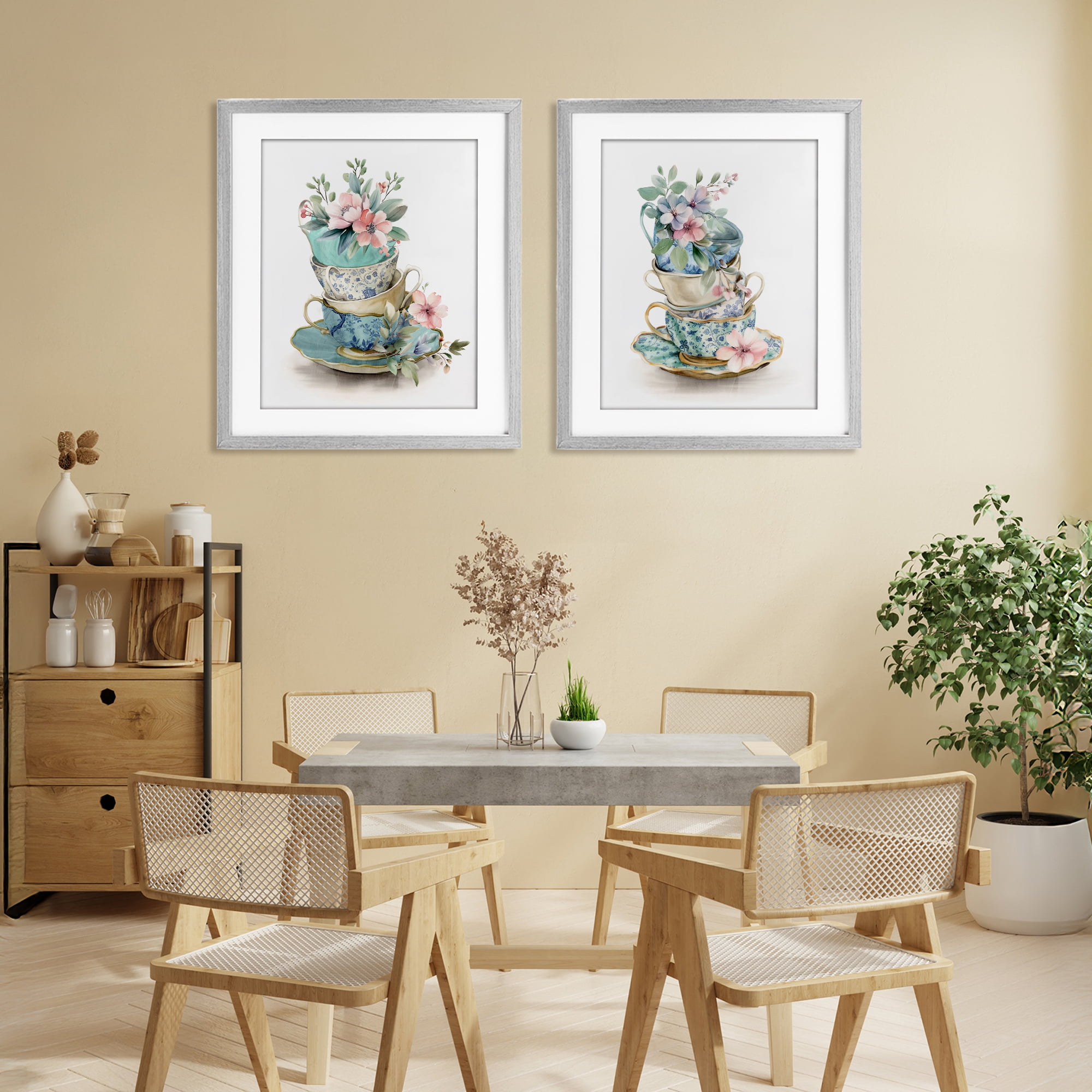 Stupell Industries Stacked Teacup Chinoiserie 2 Piece Gray Framed Print Under Glass Set, design by Kim Allen