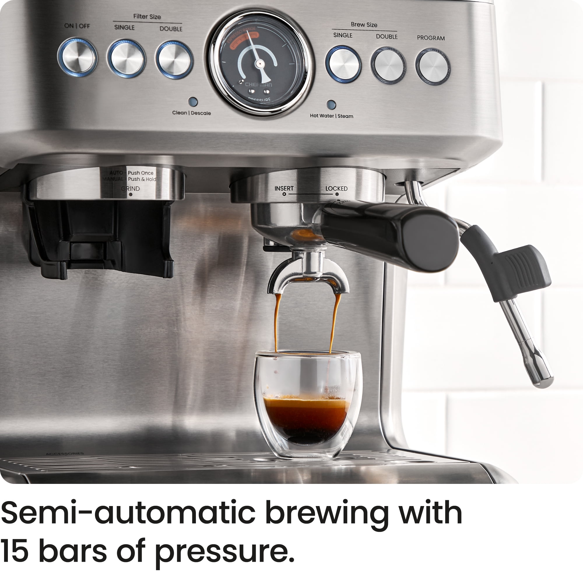 Chefman Crema Supreme Espresso Machine with Conical Burr Grinder and Steam Wand – Stainless Steel