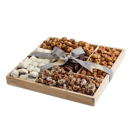 The Nuttery Premium Sweet Nuts and Rich Gourmet Chocolate Gift Basket- Wooden Tray Sectional-Nuts and Chocolate