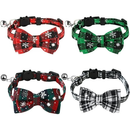 Manss 4 Pack Christmas Cat Collar, Breakaway Collar with Bell and Cat Bow Tie, Removable & Adjustable