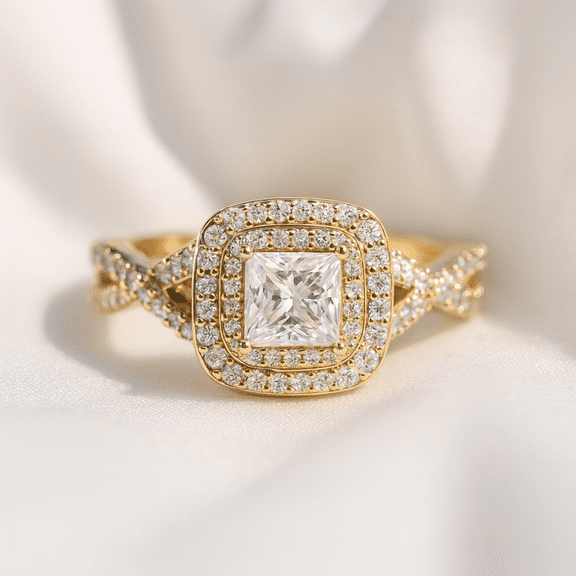 Jewelerix Princess Cut Halo Ring, 10K Vermeil Yellow Gold Double Halo Ring, Twisted Pave Band Bridal Ring, Engagement Vintage Promise Ring