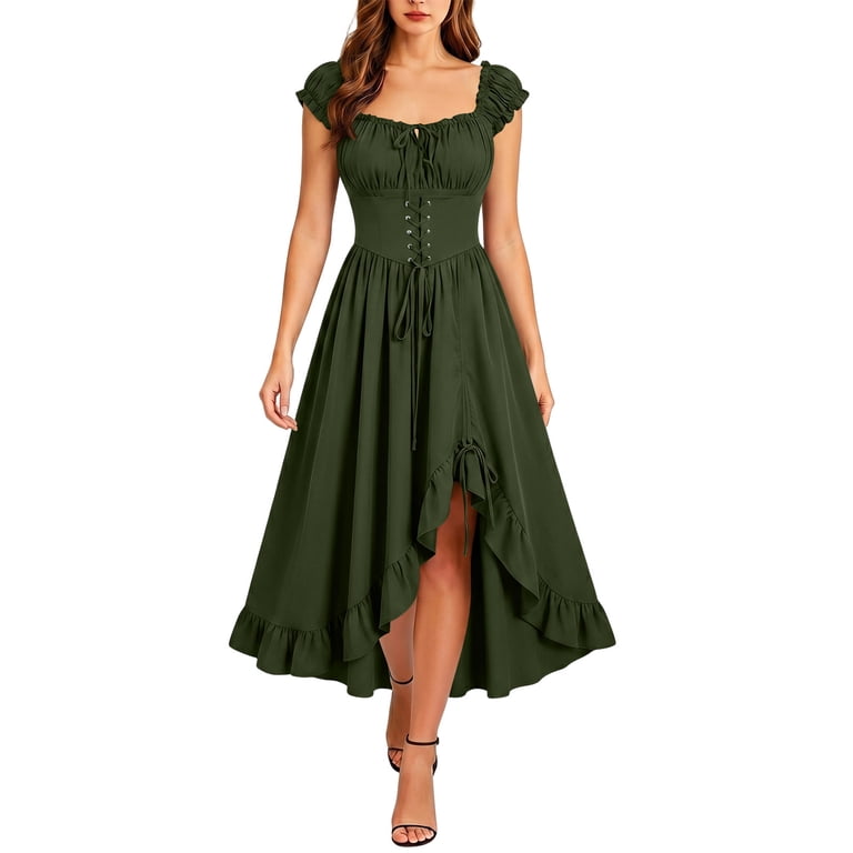 forest green high low dress Veyoii Women Renaissance Off Shoulder Ruffle Midi LaceUp Corset Hem Dress Dark XL, Women's Cd25