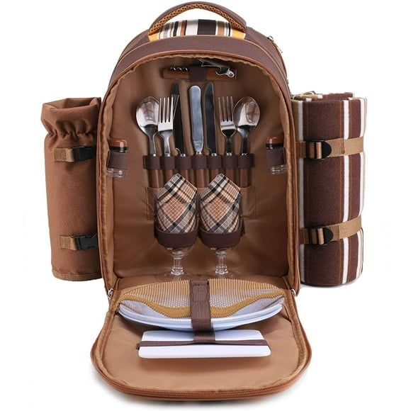 apollo walker Picnic Backpack Bag for 2 Person with Cooler Compartment, Detachable Bottle/Wine Holder, Fleece Blanket, Plates and Cutlery(2 PERSON, BROWN)
