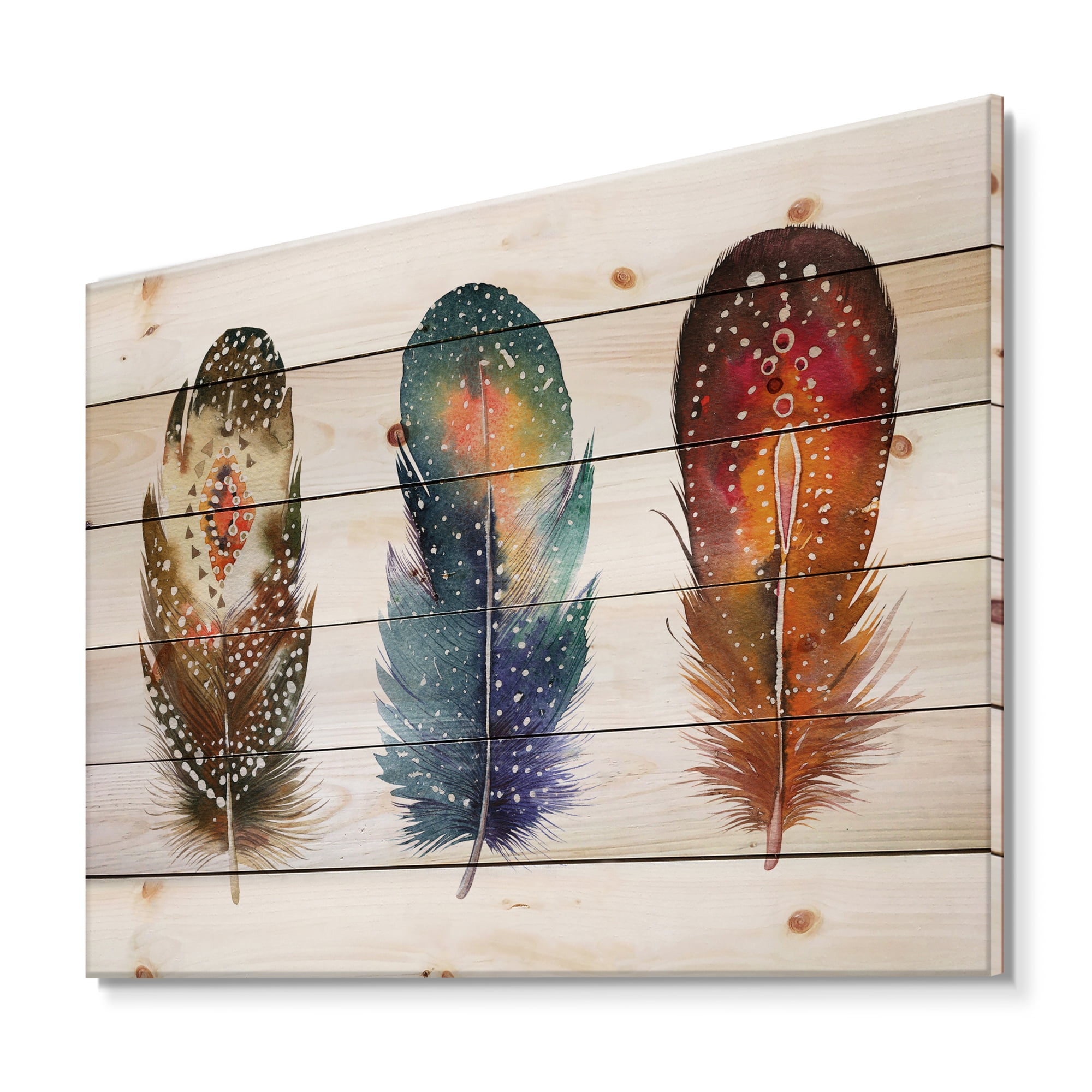 Designart 'Colourful Boho Art Feather Set IX' Bohemian & Eclectic Print on Natural Pine Wood