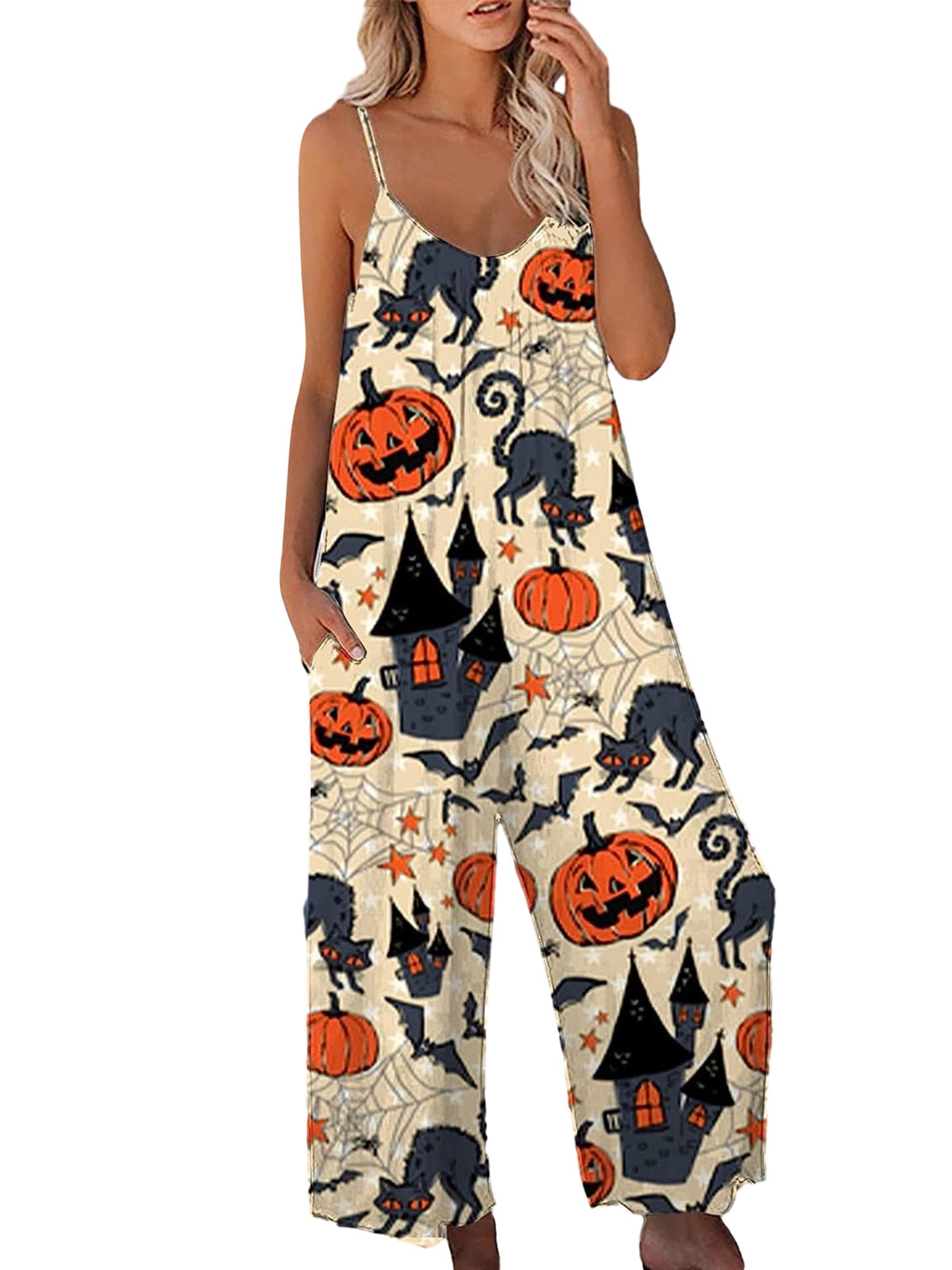 Halloween Jumpsuits for Women Pumpkin Skull Bat Printed Sleeveless
