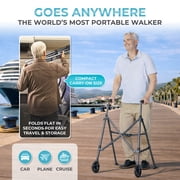 Stander Space Saver Walker, Lightweight Folding Walker for Seniors, Adult Walker with Wheels, Two Wheeled Rolling Walker with Rear Ski Glides, Black Walnut