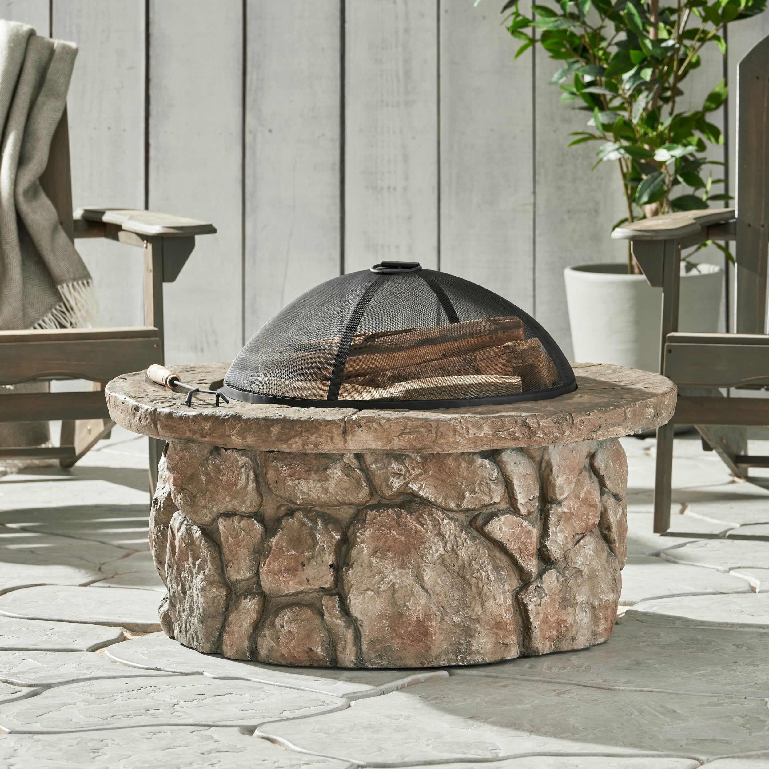 Weston Outdoor Lightweight Concrete Wood Burning Fire Pit, Natural Stone