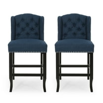 Newboti Furniture Vienna Contemporary Fabric Tufted Wingback 27 Inch Counter Stools, Set of 2, Navy Blue and Dark Brown 73684