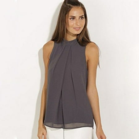 Black Pleated Chiffon - Summer Womens Casual Pleated Halter Vest Chiffon Sleeveless Shirt Solid Tops