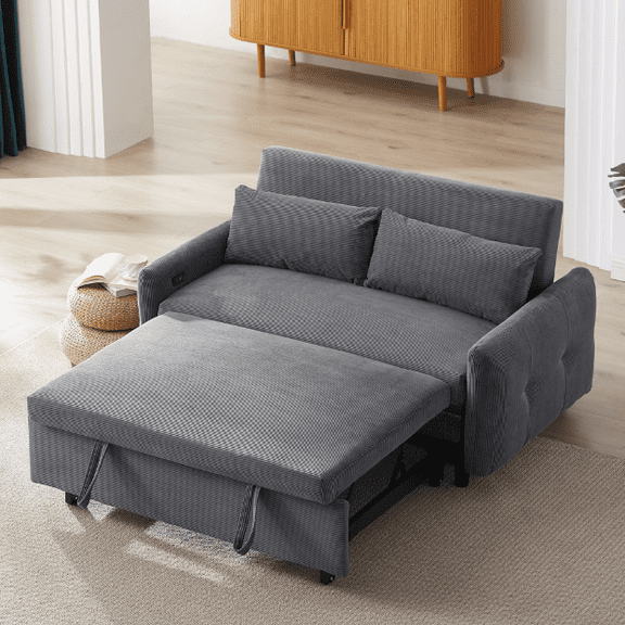 Euroco 57.48" Pull-out Sofa Bed Convertible Couch 2 Seat Loveseat Sofa Modern Sleeper Sofa with Two Throw Pillows and USB Ports for Living Room, Dark Grey
