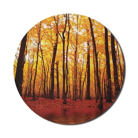 Nature Mouse Pad for Computers  Forest Trees in the Fall with Orange Warm Leaves Lake Woodsy Design Farmhouse  Round Non-Slip Thick Rubber Modern Gaming Mousepad  8  Round  Brown Orange  by Ambesonne
