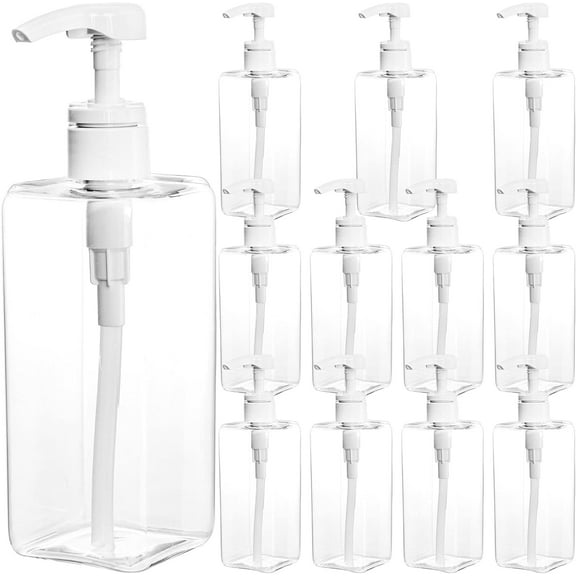 12 Pack 16 oz Plastic Pump Bottles, Clear Refillable Shampoo & Soap Dispenser Set, Square PET Lotion Bottles with Locking Pump for Bathroom, Kitchen, Cleaning Supplies