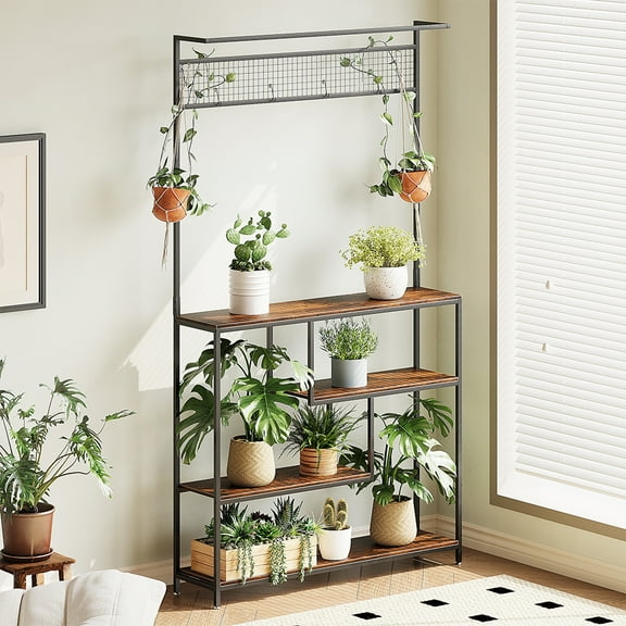 NEWSENDY Tall Plant Stand Indoor with Grow Lights, 4 Tiered Large Plant Shelf, Corner Metal Display Rack, Square Lighted Flower Holder for Living Room,Brown