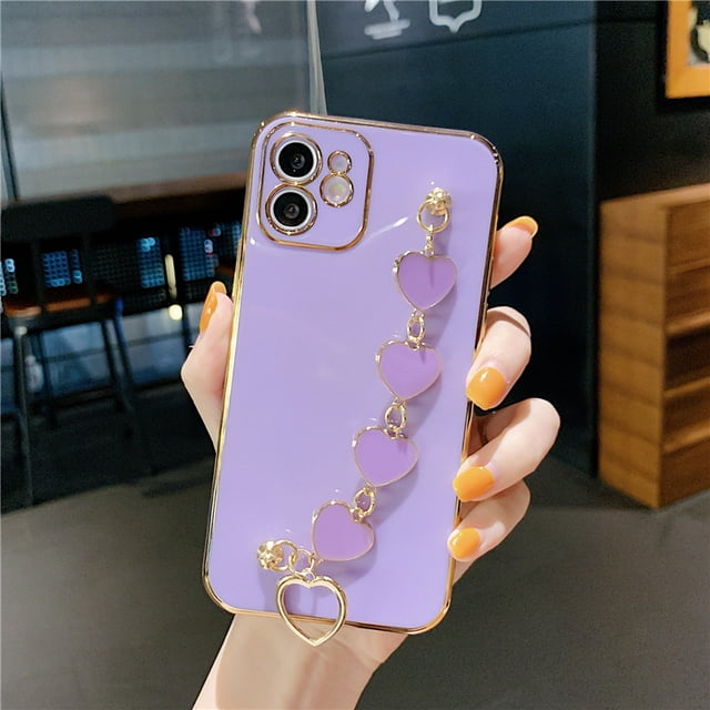 Strap Case for iPhone, Cute Luxury Plating Soft Flexible TPU with Love Heart Chain Bracelet Hand Strap Girly Women Protective Cover for Apple iPhone13Promax