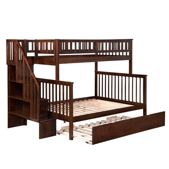 Woodland Staircase Bunk Bed Twin over Full with Full Size Urban Trundle Bed in Walnut