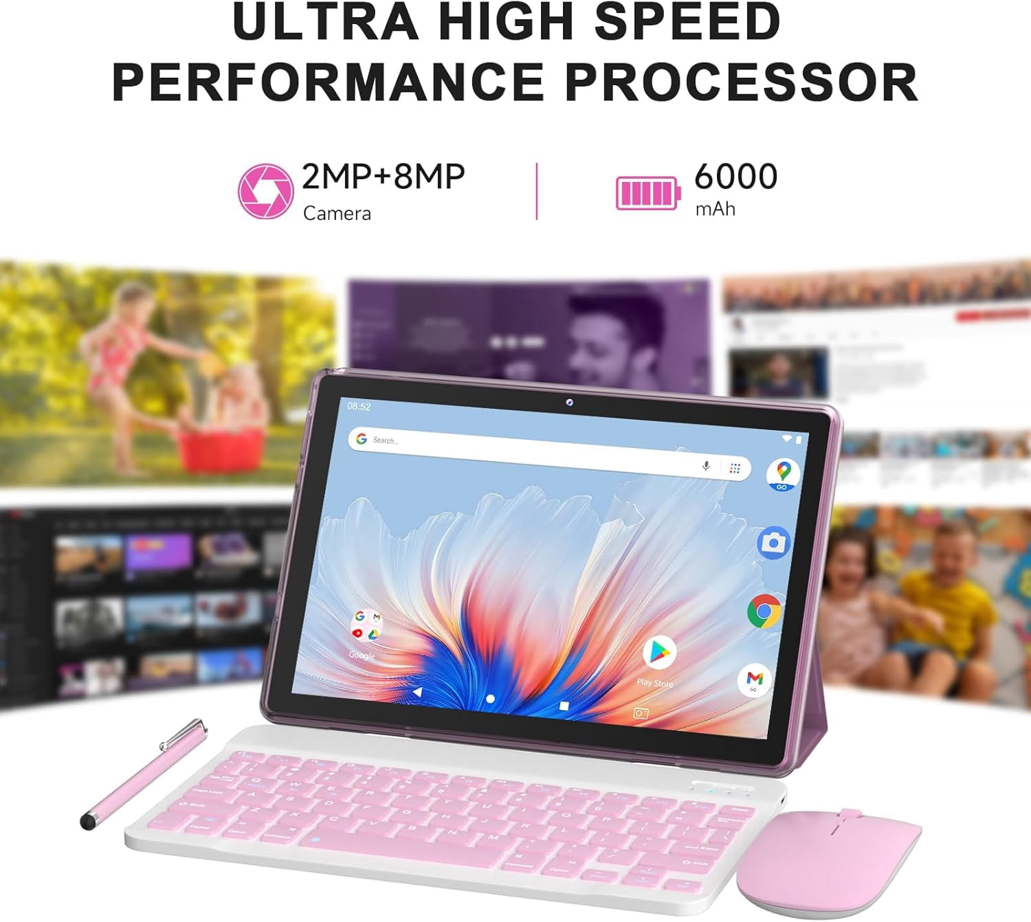Android 15 Tablet 10 inch, 8GB RAM 32GB ROM Powerful Quad-core CPU, 1280*800 Resolution Screen Tablet, 8MP Camera, 6000mAh Battery Computer, 2 in 1 Tablets with Keyboard, Case, Mouse, Stylus Laptop
