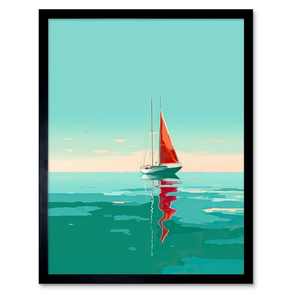 A Sailboat with a Red Sail Sailing on a Calm Sea Art Print Framed Poster Wall Decor 12x16 inch