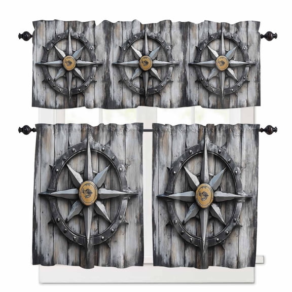 Compass Kitchen Curtains and Valances Set, Nautical Wood Grain Rod Pocket Window Valance 18 Inch Window Curtain Panels for Living Room Bedroom Laundry, 27.5x24in, 3 Pieces
