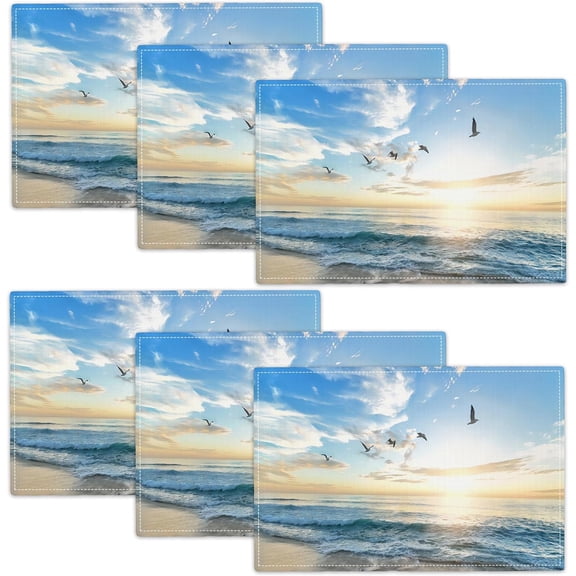 Beach Placemats Set of 6 Coastal Ocean Table Mats Washable Sunrise Bird Place mats for Party Kitchen Dining Decoration 12x18 Inch