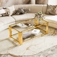 thumbnail image 4 of Modern Transparent Coffee Table,Rectangle, Asymmetrical Metal, Gold Finish & Lower Shelf, 47.5", 4 of 12