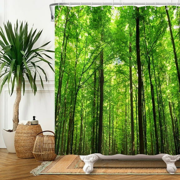 SUNOLIFE Nature Forest Shower Curtain Tropical Jungle Waterproof Fabric Bathroom Curtain Set 72x72 in