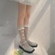 thumbnail image 4 of Calcetines hasta la pantorrilla de encaje Floral para mujer, medias de malla de satén con adornos con volantes y agujeros calados para decoración de lazo anudado de verano, 4 of 5