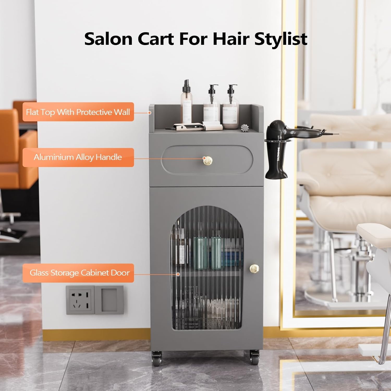 Salon Trolley Cart with Wheels, Hair Cart Mobile Storage Cabinet with Glass Door & Dryer Holder, Esthetician Cart Rolling Salon Station for Barber Beauty Spa Tattoo,Gray
