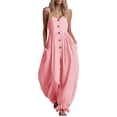 thumbnail image 2 of Pounoo Jumpsuits for Women Linen Blend Jumpsuits Casual Daily Style Lightweight Breathable Sleeveless Button Detail Ruffle Hem Wide Leg Jumpsuits Gift, 2 of 5