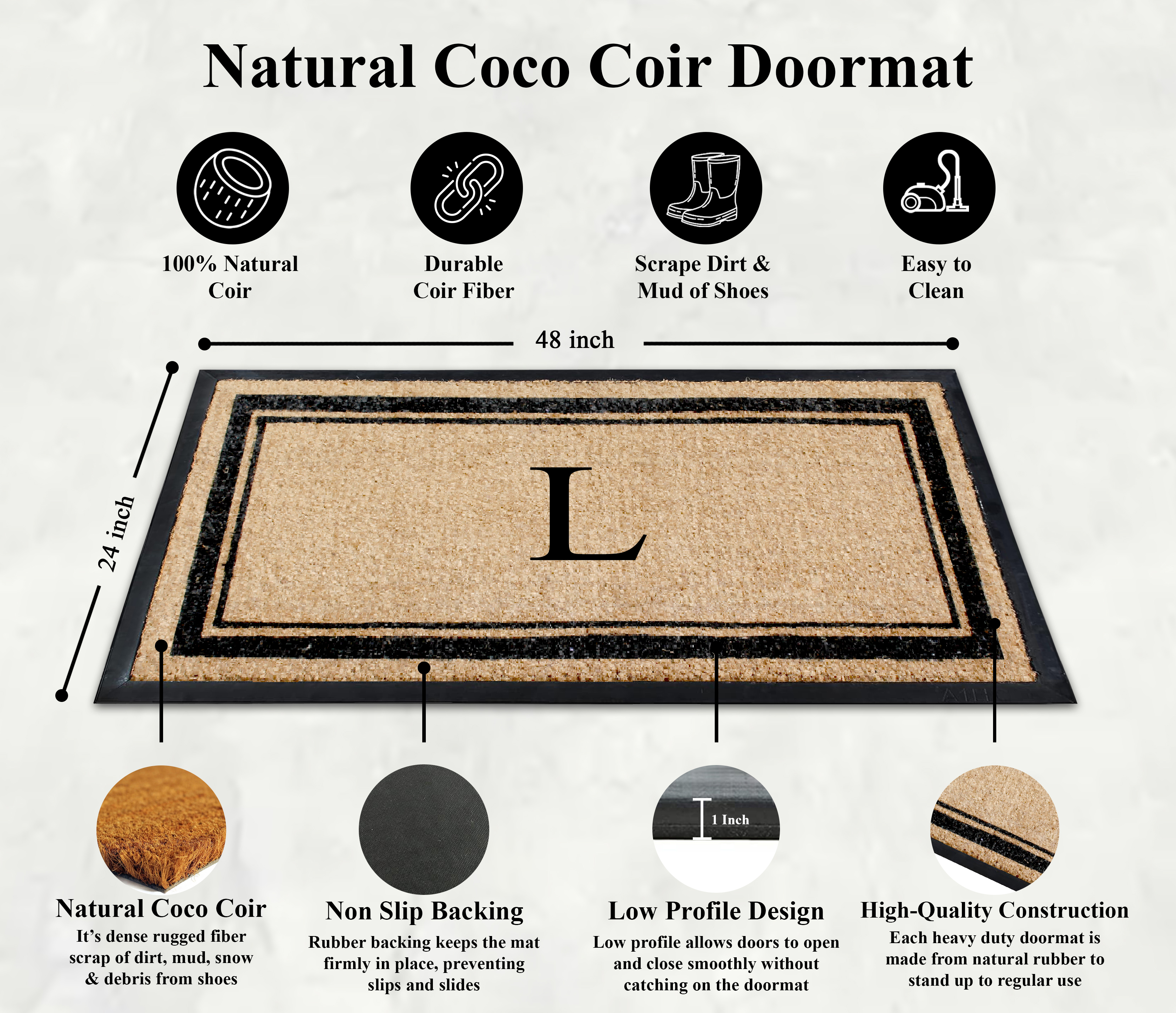 A1HC Natural Coir & Rubber 24"x48" Monogrammed Plain Border Door Mat, Heavy-Duty, Low-Profile, Anti-Shed, Easy to Clean, Outdoor