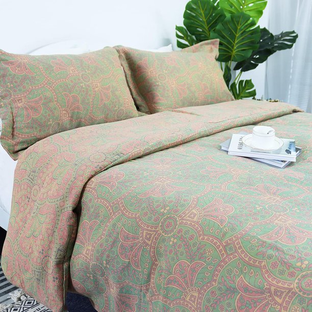 Juegos de Ropa de Cama 3pcs Funda Nórdica Tamaño Queen Lavado Algodón Granja Verde
