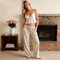 thumbnail image 4 of Domzest Striped Pants for Women Drawstring Elastic High Waist Wide Leg Linen Blend Trousers Casual Comfy Palazzo Pants with Pockets Light Brown XL, 4 of 5