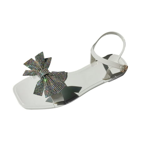 

TUOBARR Flat Sandals for Women Summer Flower Bright Diamond Square Toe Flat Shoes For Women s Casual SandalsWhite