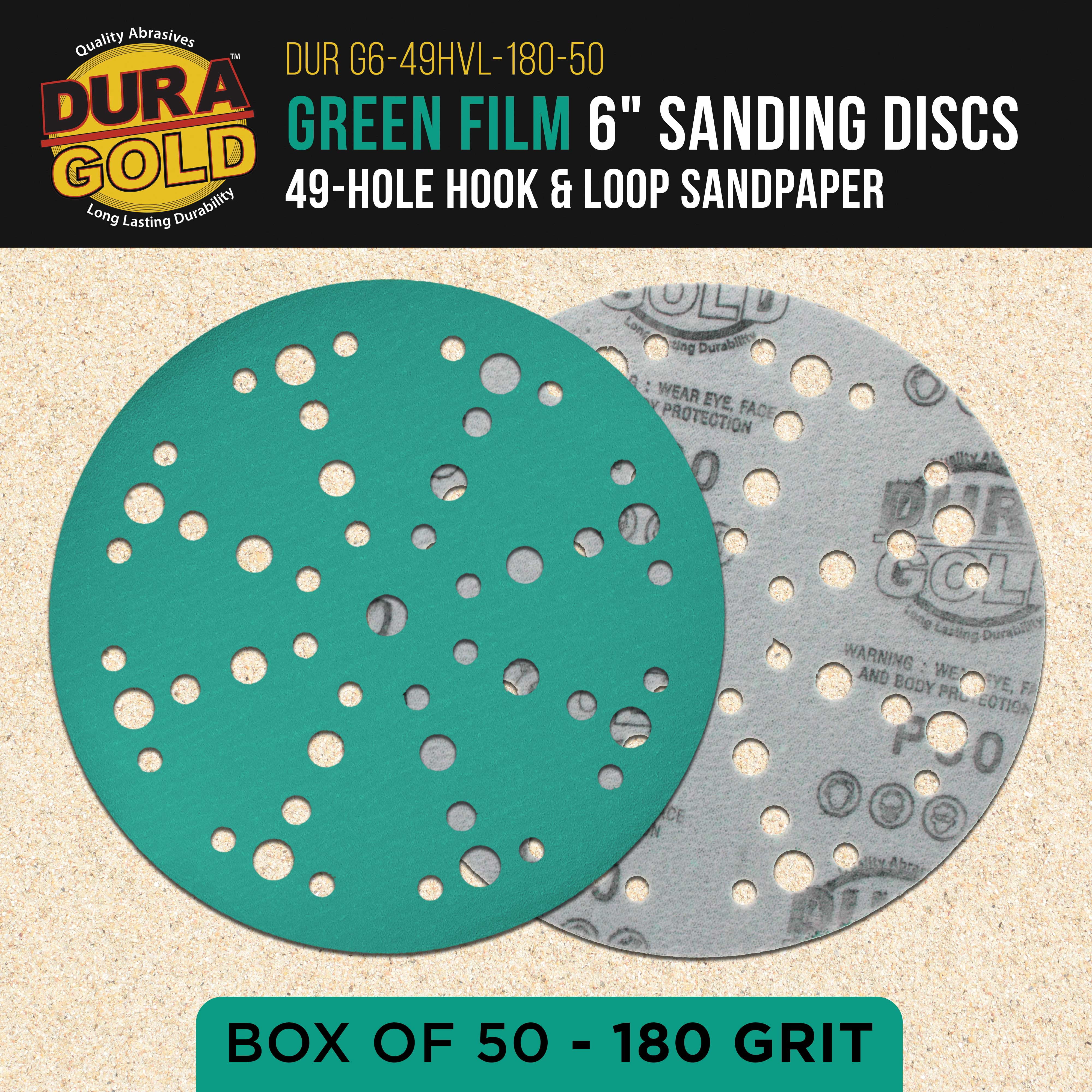 Dura-Gold Premium 180 Grit 6" Green Film Sanding Discs, 49-Hole Pattern, Box of 50 - Heavy-Duty Dustless Hook & Loop Backing Sandpaper for DA & Random Orbital Sanders, Sand Auto Paint, Wood Furniture