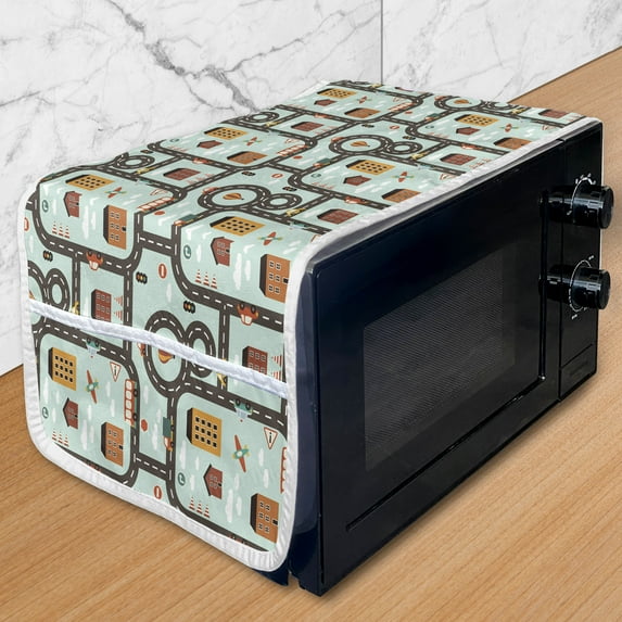 Car Race Track Microwave Oven Cover, Cartoon Design Road Activity Circles Hot-Air Balloon Aeroplane, Water Resistant Organizer with Pockets for Kitchen, 36" x 12", Multicolor, by Ambesonne
