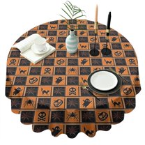 Halloween Patchwork Icons Pattern Round Tablecloth 60"x60",Wrinkle Wipeable Table Cloth for Kitchen Dining Room Picnic Patio Party