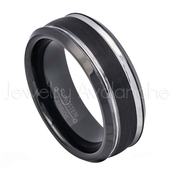 2-Tone Tungsten Ring - 8mm Brushed Black IP Semi-Dome Comfort Fit Beveled Edge Tungsten Carbide Wedding Band