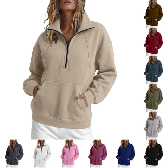 RUTAYY Women's Sweatshirt Long Sleeve Solid Color Quarter Zip Stand Collar Front Pocket Pullover Tops Beige