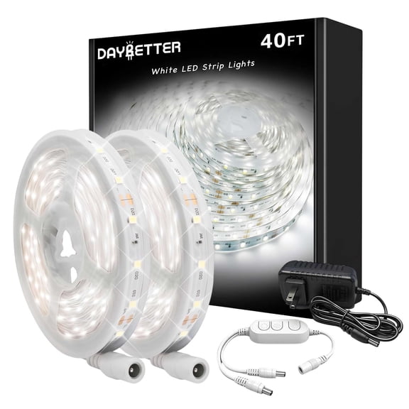 DAYBETTER 40ft White LED Strip Lights, 6500K Bright Daylight White Dimmable LED Strip Lights, App & 3-Button Control, Flexible Indoor LED Lighting for Kitchen Cabinets, Bedroom, Home Decoration