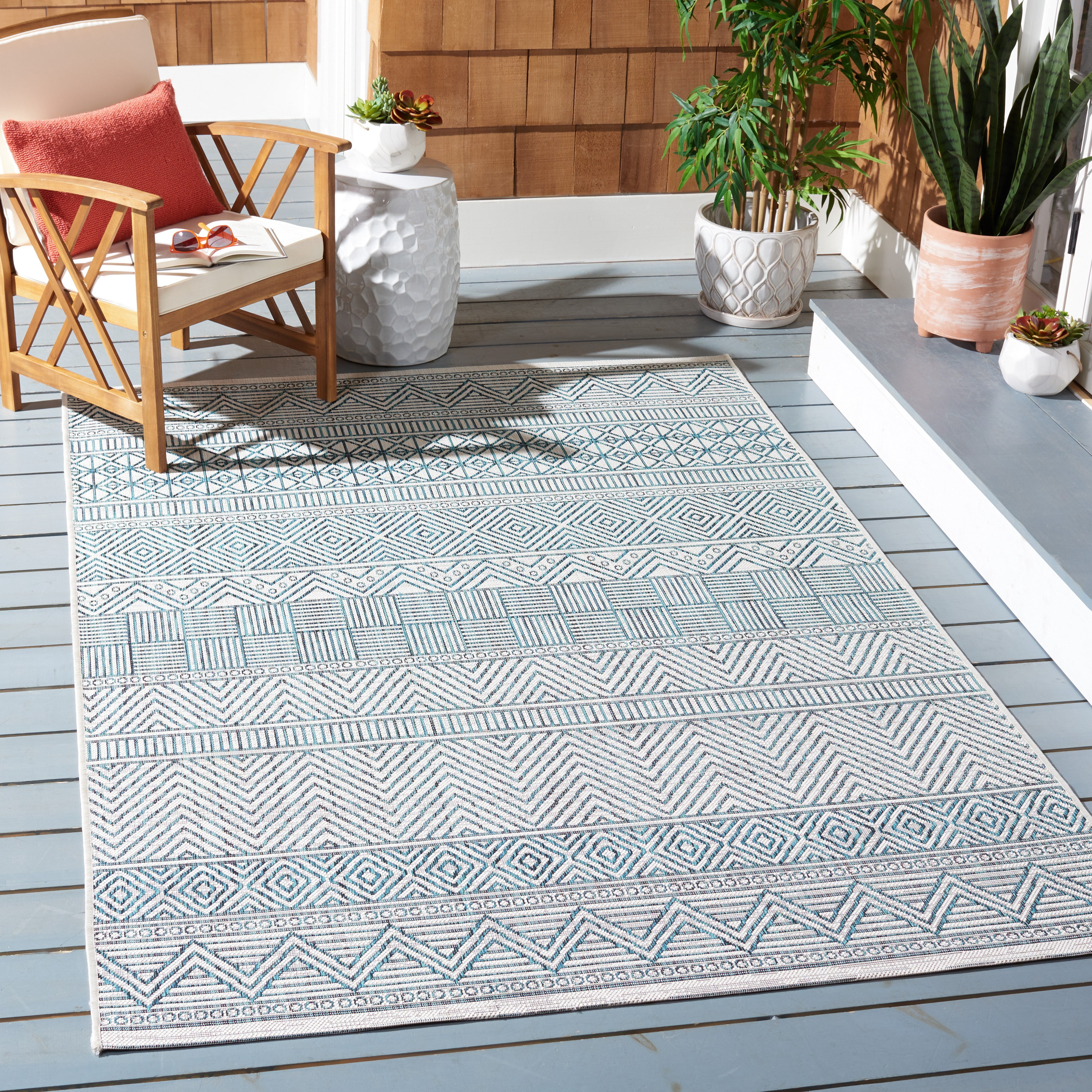 Safavieh Courtyard Altan Geometric Indoor/Outdoor Area Rug, Ivory/Turquoise, 4' x 5'7"