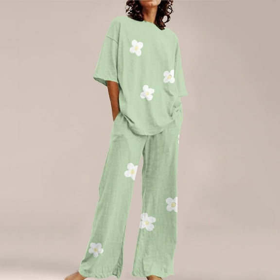 Women Suitable Summer O Neck Loose Short Sleeve Floral Print Top Shirt with Pants Large Size 2 Set