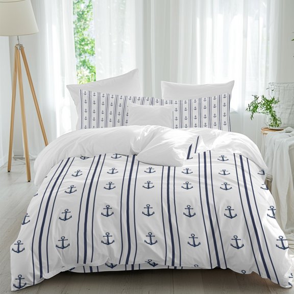Minimalist Coastal Twin Duvet Cover Set, Navy Blue White Anchor Nautical Striped 4 Piece Microfiber Bedding Set with Zipper Closure, Bed Sheet and 2 Pillow Shams, Soft Bedding Cover