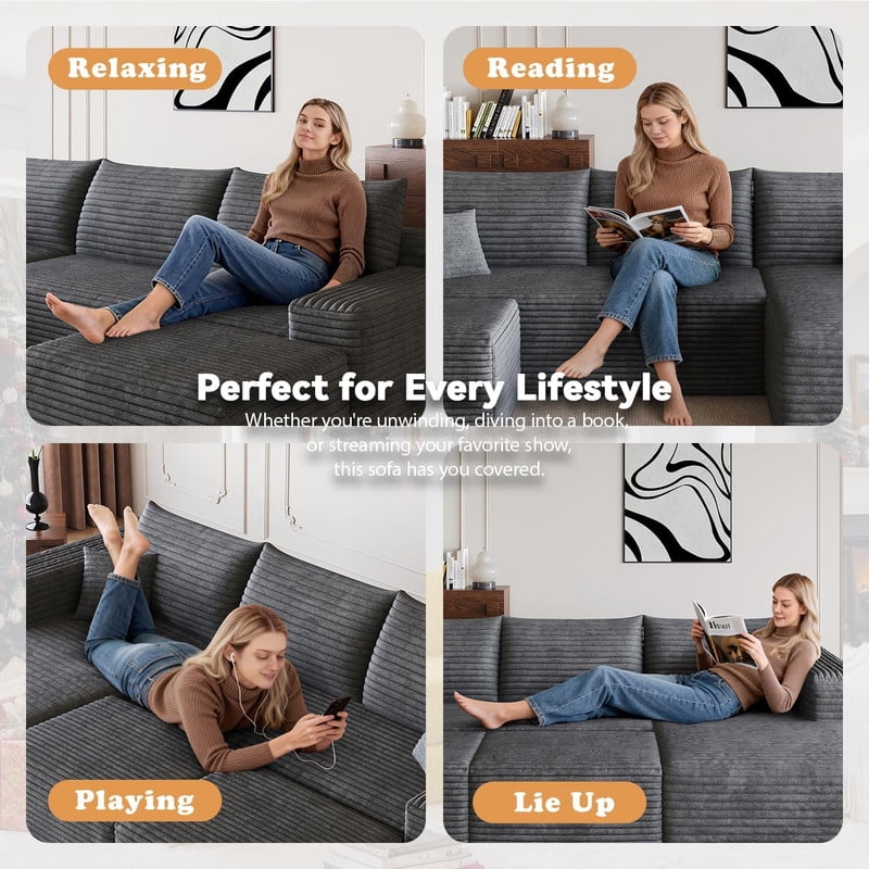 94'' Cloud Sectional Sofa with 2 Ottomans, Modular Upholstered Sofa Couch with Deep Seat, Plush Corduroy Fabric U Shaped Sofa for Living Room, Left Facing Chaise