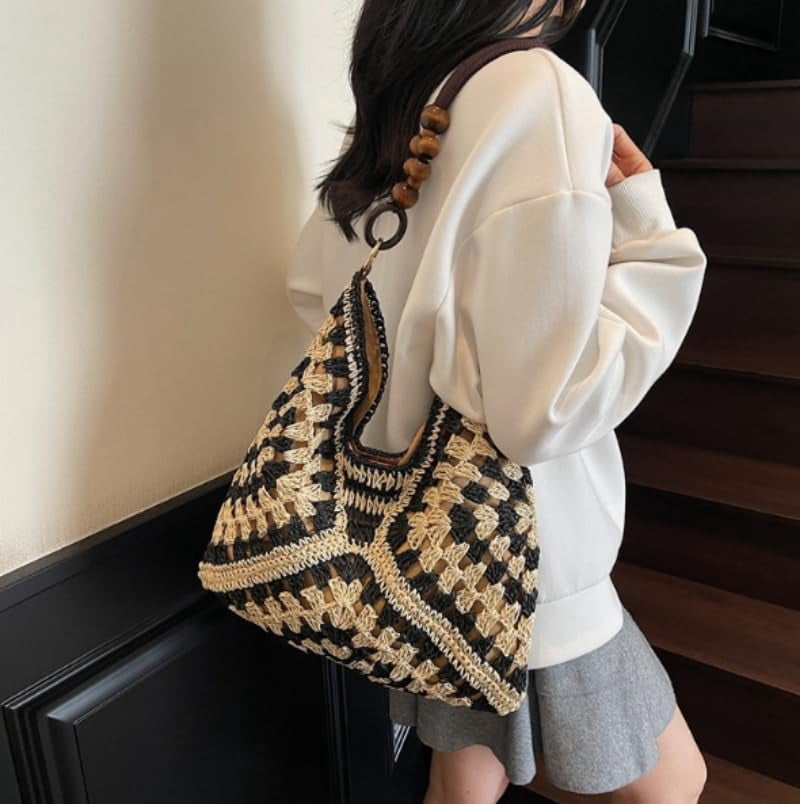 Large Bohemian Handmade Crochet Shoulder Bag – Women’s Summer Straw Woven Tote for Beach, Travel, Casual