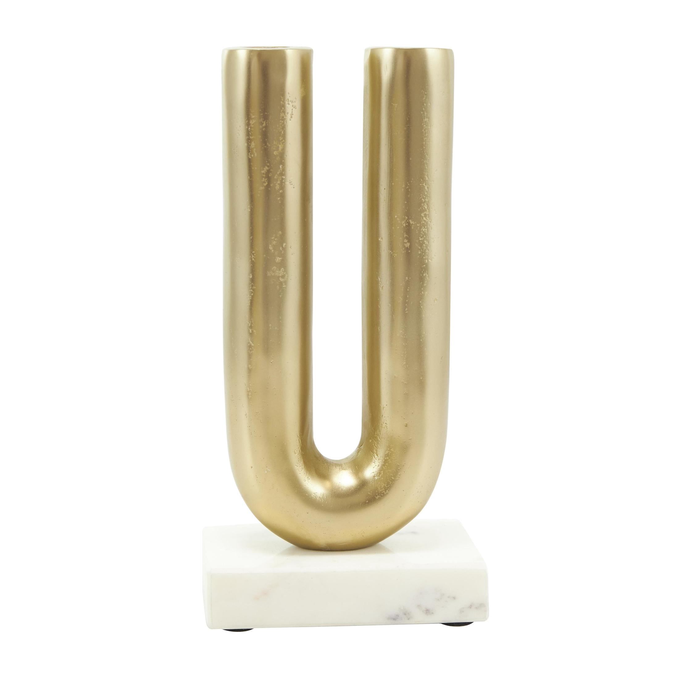 DecMode 4 Candle Gold Aluminum Metal Geometric U-Shaped Candle Holder with Marble Bases, Set of 2