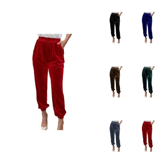 Women's Solid Color Elastic Waist Straight Casual Pants, Ankle-Length Velvet Harem Joggers for Winter, Regular Fit Velour Pants