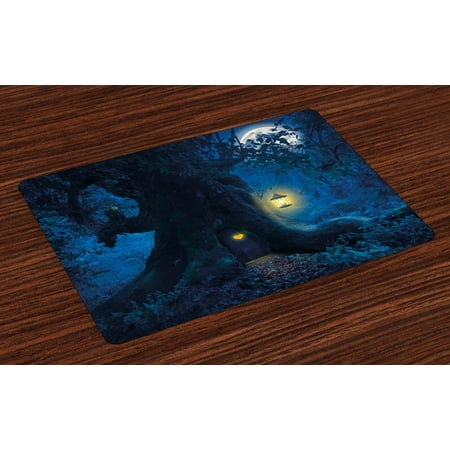 Forest Placemats Set of 4 Magical Night with Little Home in Trunk of Ancient Tree Enchanted Forest Fairytale Theme, Washable Fabric Place Mats for Dining Room Kitchen Table Decor,Blue, by