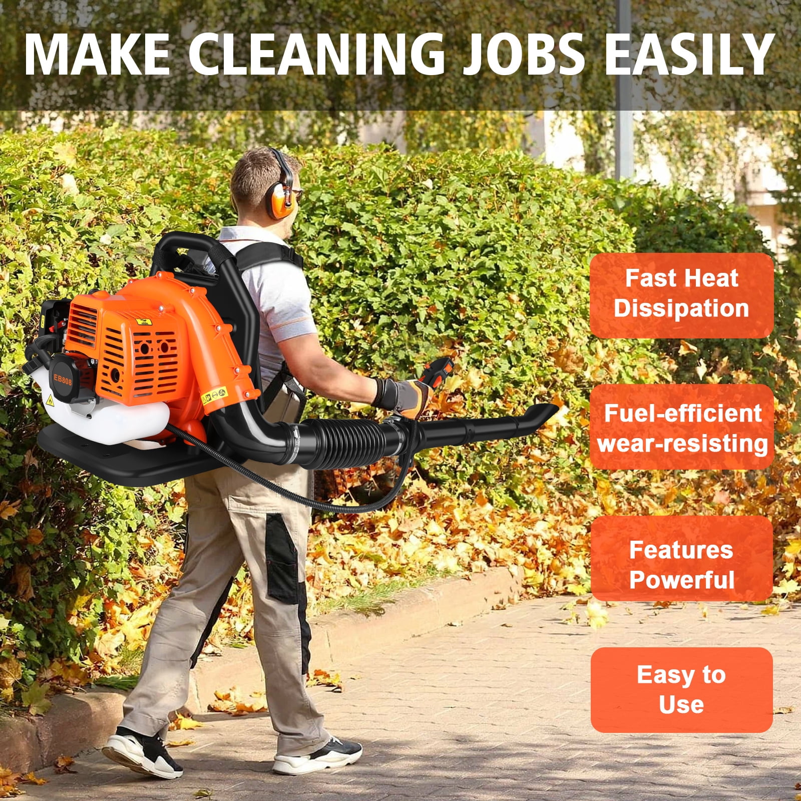 Backpack Gas Leaf Blower 43CC, 665CFM 2800 RPM 2 Stroke Grass Lawn Blower Air Cooling Gasoline Backpack Grass Blower with Air-Cooled, Snow Blower for Outdoor